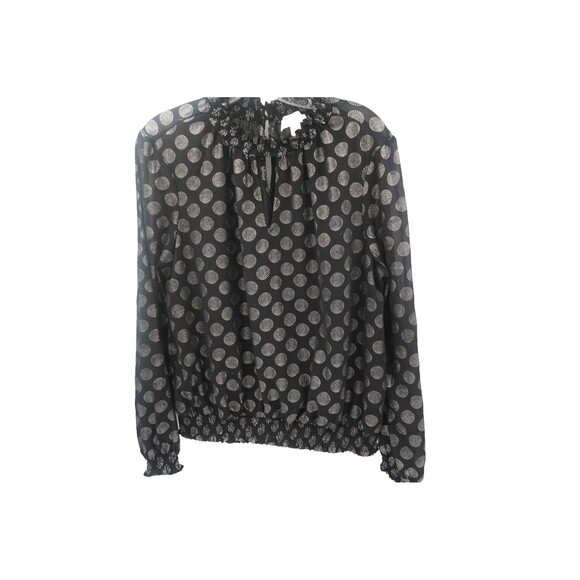 Michael Kors Black & Silver Polka Dot Blouse Smocked Ruffle Mock Neck Size XL - Picture 1 of 10